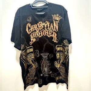 Christian Audigier Skull Diamond Hearts Crown Bling Y2K Graphic T-shirt XLarge